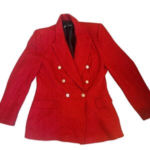 Zara Red Tweed Double Breasted Blazer Gold Crest Buttons Size XL